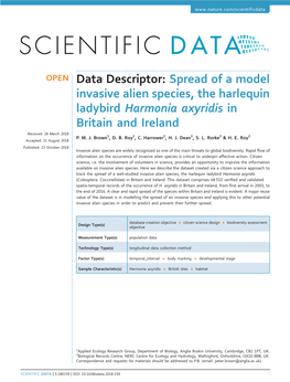 Spread of a Model Invasive Alien Species, the Harlequin Ladybird Harmonia Axyridis in Britain and Ireland 28 2018 Received: March 1 2 2 2 2 2 P