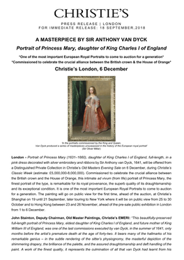 A MASTERPIECE by SIR ANTHONY VAN DYCK Portrait of Princess Mary, Daughter of King Charles I of England