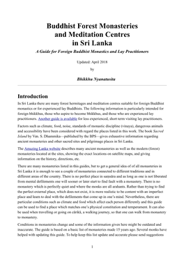Buddhist Forest Monasteries and Meditation Centres in Sri Lanka a Guide for Foreign Buddhist Monastics and Lay Practitioners