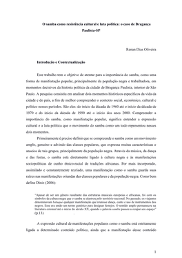 1 O Samba Como Resistência Cultural E Luta Política