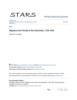 Migration Into Florida of the Seminoles, 1700-1820