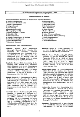 Letztbeobachtungen Von Zugvögeln 1992