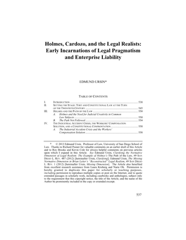 Holmes, Cardozo, and the Legal Realists: Early Incarnations of Legal Pragmatism and Enterprise Liability