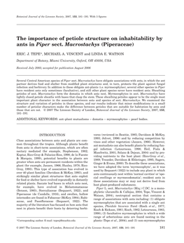 The Importance of Petiole Structure on Inhabitability by Ants in Piper Sect. Macrostachys (Piperaceae)