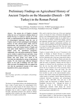 Preliminary Findings on Agricultural History of Ancient Tripolis on the Maeander (Denizli – SW Turkey) in the Roman Period