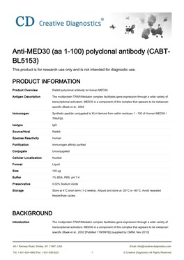 Anti-MED30 (Aa 1-100) Polyclonal Antibody (CABT- BL5153) This Product Is for Research Use Only and Is Not Intended for Diagnostic Use