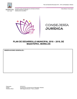 Plan De Desarrollo Municipal 2016 – 2018, De Mazatepec, Morelos