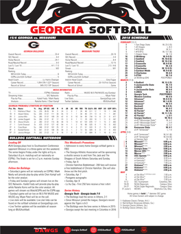 Georgia Softball Game Is 8 Missouri* SECN+ 2:00 P.M