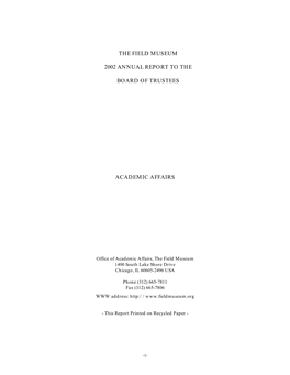 The Field Museum 2002 Annual Report to the Board of Trustees Academic Affairs
