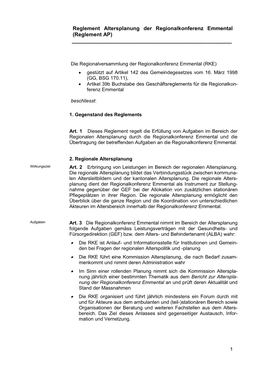 Reglement Altersplanung Der Regionalkonferenz Emmental (Reglement AP) ______