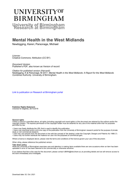 University of Birmingham Mental Health in the West Midlands
