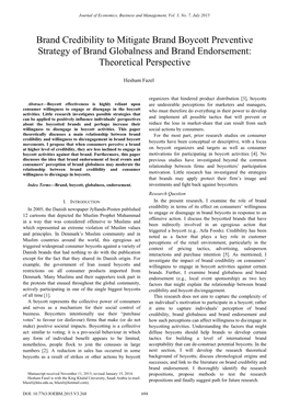 Brand Credibility to Mitigate Brand Boycott Preventive Strategy of Brand Globalness and Brand Endorsement: Theoretical Perspective