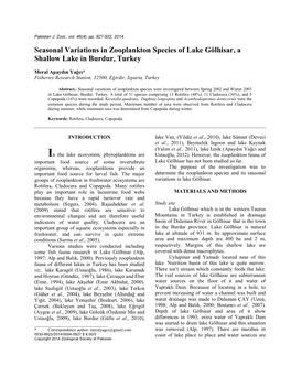 Seasonal Variations in Zooplankton Species of Lake Gölhisar, a Shallow Lake in Burdur, Turkey