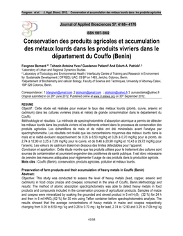 Conservation Des Produits Agricoles Et Accumulation Des Métaux Lourds Dans Les Produits Vivriers Dans Le Département Du Couffo (Benin)