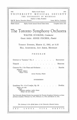 The Toronto Symphony Orchestra WALTER SUSSKIND, Conductor Guest Artist: ANNIE FISCHER, Pianist