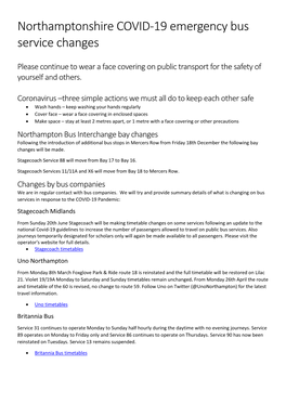 Northamptonshire COVID-19 Emergency Bus Service Changes