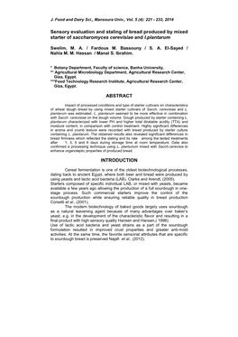 Sensory Evaluation and Staling of Bread Produced by Mixed Starter of Saccharomyces Cerevisiae and L.Plantarum