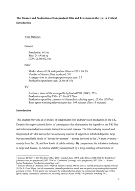 The Finance and Production of Independent Film and Television in the UK: a Critical Introduction