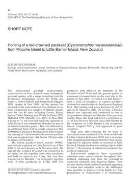 (Cyanoramphus Novaezelandiae) from Motuihe Island to Little Barrier Island, New Zealand