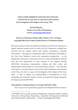 I Ching Scholarship in Vietnamese Confucianism: a Study