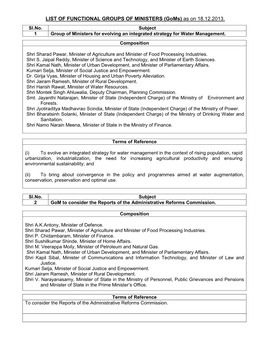 LIST of FUNCTIONAL GROUPS of MINISTERS (Goms) As on 18.12.2013