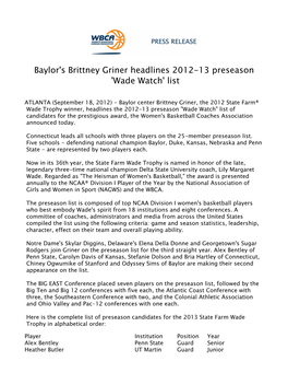 Baylor's Brittney Griner Headlines 2012-13 Preseason 'Wade Watch' List