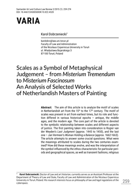 Scales As a Symbol of Metaphysical Judgement – from Misterium Tremendum to Misterium Fascinosum an Analysis of Selected Works of Netherlandish Masters of Painting