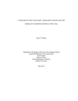 MARGARET SANGER and the MORALITY of BIRTH CONTROL in the 1920S