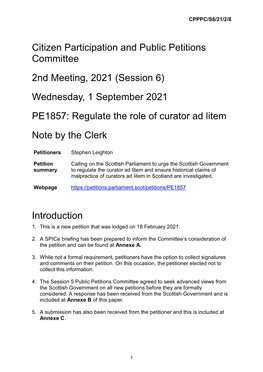 Wednesday, 1 September 2021 PE1857: Regulate the Role of Curator Ad Litem Note by the Clerk