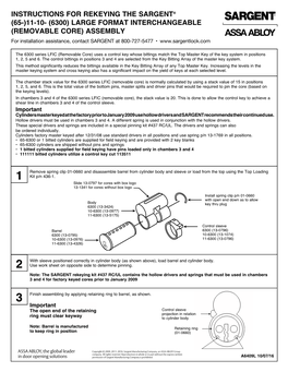 REMOVABLE CORE) ASSEMBLY for Installation Assistance, Contact SARGENT at 800-727-5477 •