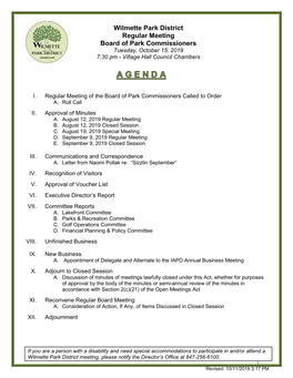 Wilmette Park District Regular Meeting Board of Park Commissioners Tuesday, October 15, 2019 7:30 Pm - Village Hall Council Chambers