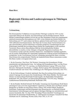 Regierende Fürsten Und Landesregierungen in Thüringen 1485-1952