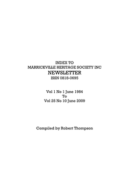 Index to Marrickville Heritage Society Inc Newsletter Issn 0818-0695