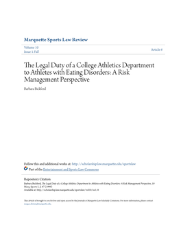 The Legal Duty of a College Athletics Department to Athletes with Eating Disorders: a Risk Management Perspective Barbara Bickford