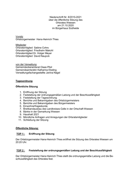 Niederschrift Nr. 8/2015-2021 Über Die Öffentliche Sitzung Des Ortsrates Weesen Am 21.10.2020 Im Bürgerhaus Südheide