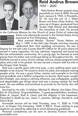 Reid Andrus Brown 1933 ~ 2020 Reid Andrus Brown Passed Away Peacefully on June 4, 2020