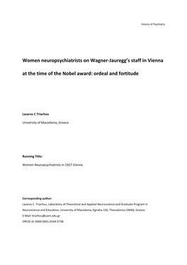 Women Neuropsychiatrists on Wagner-Jauregg's Staff in Vienna at the Time of the Nobel Award: Ordeal and Fortitude