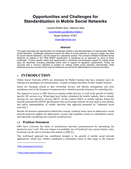 Opportunities and Challenges for Standardization in Mobile Social Networks