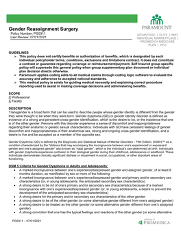 Gender Reassignment Surgery Policy Number: PG0311 ADVANTAGE | ELITE | HMO Last Review: 07/01/2021
