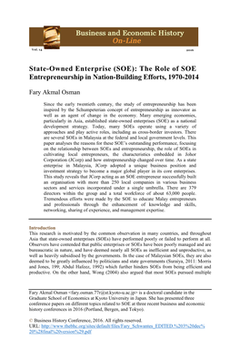State-Owned Enterprise (SOE): the Role of SOE Entrepreneurship in Nation-Building Efforts, 1970-2014