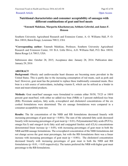 Nutritional Characteristics and Consumer Acceptability of Sausages with Different Combinations of Goat and Beef Meats