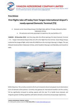 YANGON AERODROME COMPANY LIMITED First Flights Take Off Today