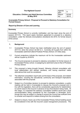Inverasdale Primary School - Proposal to Proceed to Statutory Consultation for Formal Closure