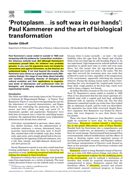 'Protoplasm.Is Soft Wax in Our Hands': Paul Kammerer and the Art of Biological Transformation