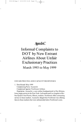 Appendix C Informal Complaints to DOT by New Entrant Airlines About Unfair Exclusionary Practices March 1993 to May 1999