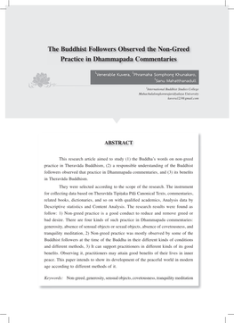 The Buddhist Followers Observed the Non-Greed Practice in Dhammapada Commentaries