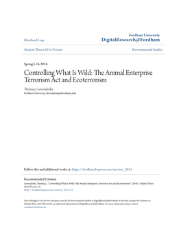 The Animal Enterprise Terrorism Act and Ecoterrorism Thomas J