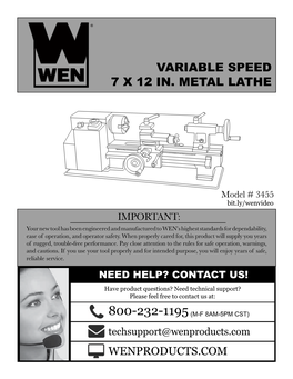 Variable Speed 7 X 12 In. Metal Lathe