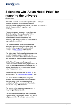Asian Nobel Prize' for Mapping the Universe 27 May 2010