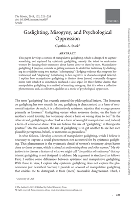 Gaslighting, Misogyny, and Psychological Oppression Cynthia A